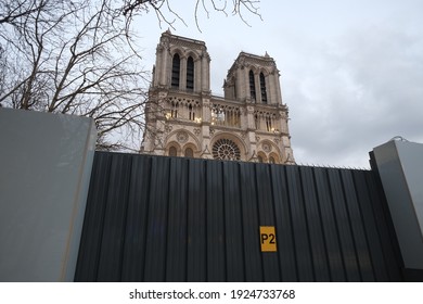 Paris, France - February 25th 2021: The Facade Of Notre Dame De Paris During The Curfew.