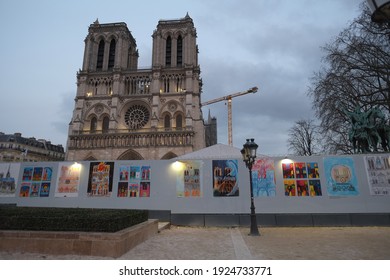 Paris, France - February 25th 2021: The Facade Of Notre Dame De Paris During The Curfew.