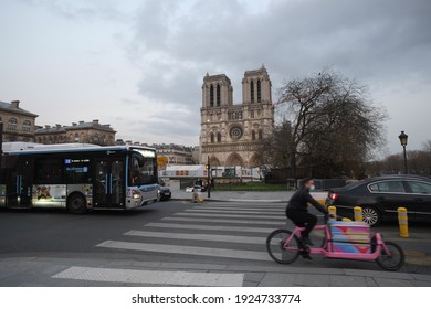 Paris, France - February 25th 2021: The Facade Of Notre Dame De Paris During The Curfew.