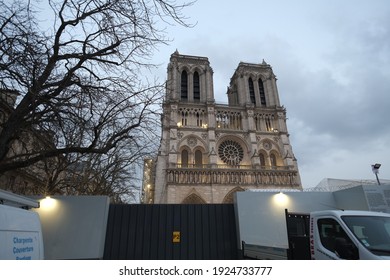 Paris, France - February 25th 2021: The Facade Of Notre Dame De Paris During The Curfew.