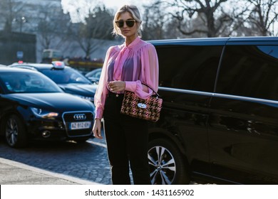 PARIS, FRANCE - FEBRUARY 27, 2019: Digital Influencer Xenia Adonts Wears A Rochas Shirt Seen Outside ROCHAS Show, During Paris Fashion Week Womenswear Fall/Winter 2019/2020.