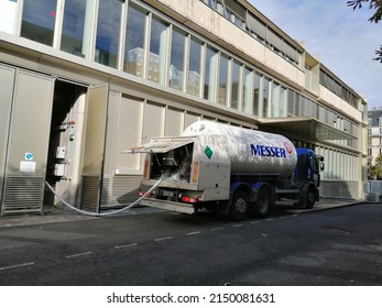 Paris, France - February 5 2021 : Truck Delivering Liquid Nitrogen At A ART Center (Assisted Reproductive Technology).