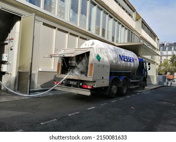 Paris, France - February 5 2021 : Truck Delivering Liquid Nitrogen At A ART Center (Assisted Reproductive Technology).