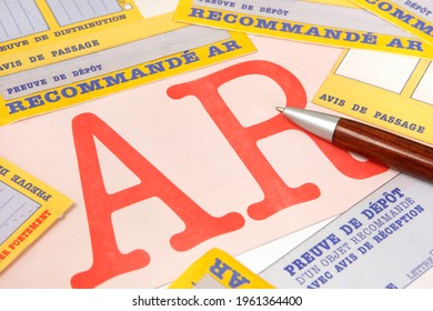 Paris, France - February 6, 2012: close-up of envelope with registered mail with return receipt.