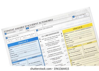 Paris, France - February 6, 2012: Detail Of French Auto Accident Report Form, Cut-out And Isolated On White Background