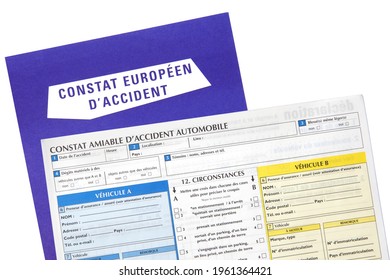 Paris, France - February 6, 2012: Official Document Of The European Accident Report With Detail Of The Amicable Report Form On White Background