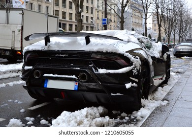 Paris, France - February 6th 2018 : Lamborghini Huracán Performante Parked In A Street, Under Snow (back).