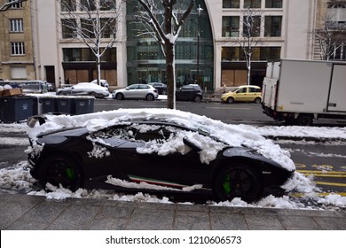 Paris, France - February 6th 2018 : Lamborghini Huracán Performante Parked In A Street, Under Snow (profile).