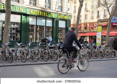 Paris, France, February 9, 2016: Bycicle Parking In A Center Of Paris, France