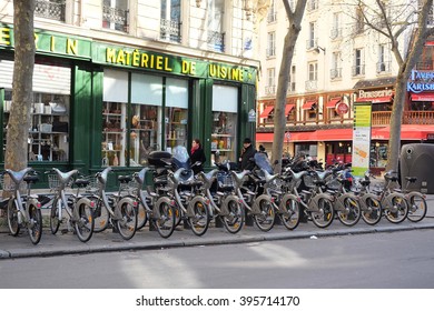 Paris, France, February 9, 2016: Bycicle Parking In A Center Of Paris, France