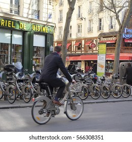 Paris, France, February 9, 2016: Bycicle Parking In A Center Of Paris, France