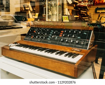 PARIS, FRANCE - JAN 30, 2018: Sale Of The Minimoog Is A Monophonic Analog Synthesizer, Invented By Bill Hemsath And Robert Moog