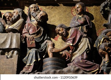 PARIS, FRANCE - JANUARY 04, 2018: Intricately carved and painted frieze inside Notre Dame Cathedral depicting Jesus Washing The Feet Of St. Peter, Palm Sunday, UNESCO World Heritage Site in Paris.