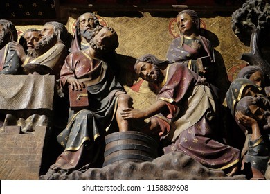 PARIS, FRANCE - JANUARY 04, 2018: Intricately carved and painted frieze inside Notre Dame Cathedral depicting Jesus Washing The Feet Of St. Peter, Palm Sunday, UNESCO World Heritage Site in Paris.
