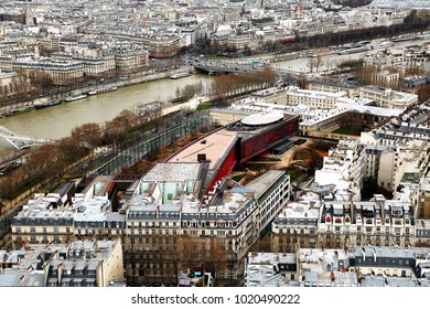 Paris, France - January 07, 2014: View From The Eiffel Tower On The City. Top View Of The Musee Du Quai Branly Jacques Chirac Building