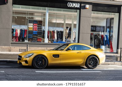 Paris, France; January 10, 2020: Yellow Super Car Parked In The Street. Mercedes Benz AMG GT