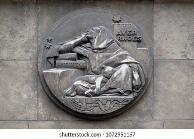 PARIS, FRANCE - JANUARY 11, 2018: Averroes, Was A Medieval Andalusian Polymath. He Wrote On Logic, Philosophy, Medieval Sciences Of Medicine, Astronomy. Stone Relief At  The Faculte De Medicine Paris.