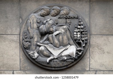 PARIS, FRANCE - JANUARY 11, 2018: Avicenna, Was A Persian Polymath. He Has Been Described As The Father Of Early Modern Medicine. Stone Relief At The Building Of The Faculte De Medicine Paris