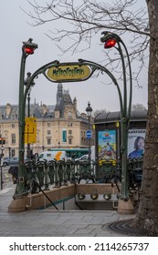 Paris, France - January 11 2022: Subway Entrance In Paris City Centre On A Cloudy Winter Day.