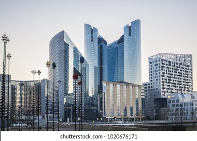 PARIS, FRANCE - JANUARY 13, 2018: La Defense at sunset - modern business and financial district in Paris with high-rise buildings.