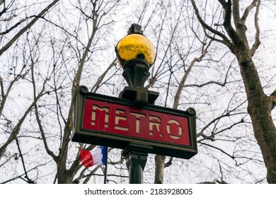 Paris, France - January 19, 2022: Typical Metropolitan Subway Station Sign In Paris, France.