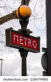 Paris, France - January 19, 2022: Typical Metropolitan Subway Station Sign In Paris, France.