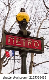 Paris, France - January 19, 2022: Typical Metropolitan Subway Station Sign In Paris, France.