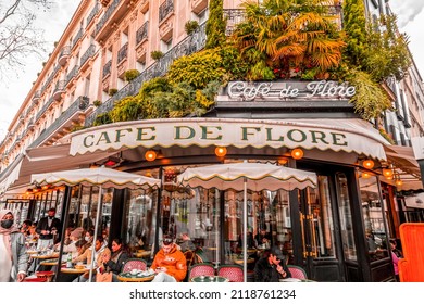 Paris, France - January 20, 2022: General street view from Paris, the French capital. Cafe de Flore bistro-cafe in Saint-Germain.