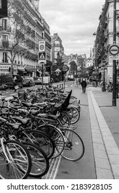 Paris, France - January 20, 2022: Bikes Parked At A Bike Parking Spot In Paris, France.