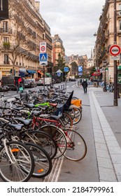 Paris, France - January 20, 2022: Bikes Parked At A Bike Parking Spot In Paris, France.