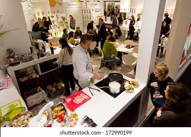 PARIS, FRANCE - JANUARY 24, 2014: A Chef Makes A Cooking Demo On A Stand At Maison&Objet, The French Leading Professional Trade Show For Home Fashion In Paris, France.