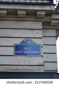 Paris, France - January the 31st January 2022: a close-up on the sign Saint Dominique street. 