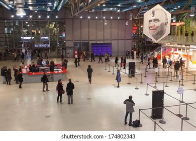 PARIS, FRANCE - JANUARY 4, 2012: Tourists in a lobby of The Pompidou Centre, one of the world's most popular cultural venues and one of the most visited monuments in France.
