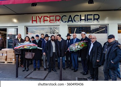 Paris, France - January 8, 2016: Hassen Chalghoumi, Marek Halter, StÃ©phane Martinet  And Personalities Pay Tribute To Hyper Cacher Victims Of Terrorist Attacks In Paris.