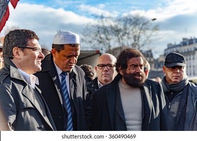 Paris, France - January 8, 2016: Hassen Chalghoumi, Marek Halter, StÃ©phane Martinet  And Personalities Pay Tribute To Hyper Cacher Victims Of Terrorist Attacks In Paris.