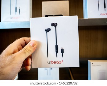 Paris, France - Jul 24, 2019: Man POV Personal Perspective Inside Apple Store At The New Apple URBeats 3 Shopping For New Headphones