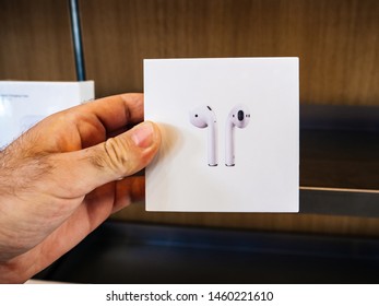 Paris, France - Jul 24, 2019: Man POV Personal Perspective Inside Apple Store At The New Apple AirPods Headphones