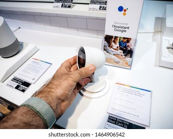 Paris, France - Jul 25, 2019: Man Hand Testing The Nest Cam IQ New Premium Model Of Nest Cam Indoor Featuring A 4K Camera Sensor With HDR