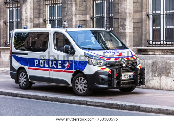Paris, France - July 03, 2017:  Renault truck of\
the Prefecture of Police of Paris on the Cite Island. (French\
National Police)