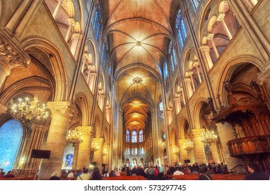 PARIS, FRANCE - JULY 04, 2016 : Interior of one of the oldest Cathedrals in Europe- Notre Dame de Paris. France.