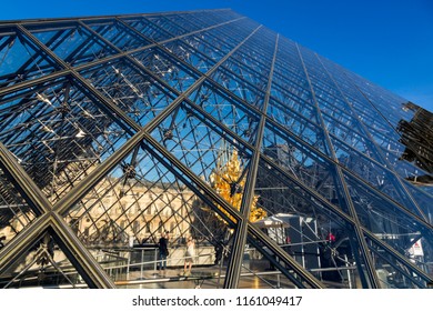 Paris, France - July 04, 2018: Structures Of The Louvre Glass Pyramid