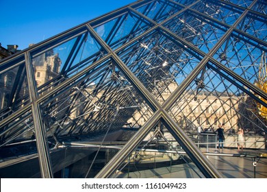 Paris, France - July 04, 2018: Structures Of The Louvre Glass Pyramid