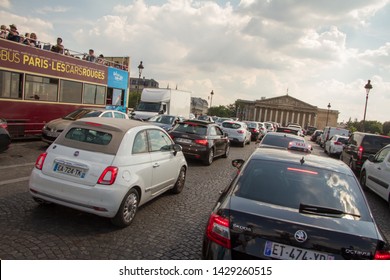 Paris, France - July 06, 2018: Traffic Jam On The Pont De La Concorde In Paris Against The Background Of The National Assembly In Paris