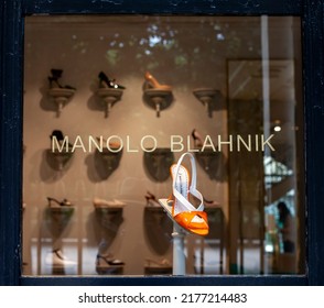 
PARIS, FRANCE - JULY 11, 2022: Showcase Of Manolo Blahnik Store In Paris At Palais Royal Theater