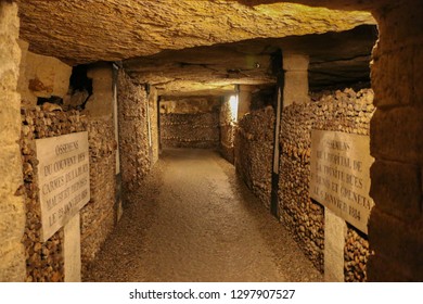 Paris, France - July 12 2013: The bones inside the Catacombs in Paris