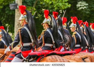 PARIS, FRANCE - JULY 14 - French Republican Guards during the ceremonial of french national day on July 14, 2014 in Paris, Champs Elysee avenue, France