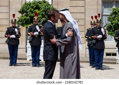 Paris, FRANCE - July 18 2022: The President Emmanuel Macron Welcoming The President Of The United Arab Emirates Mohamed Bin Zayed Al Nahyan At Elysée Palace For Working Lunch.