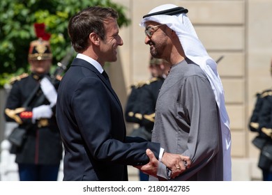 Paris, FRANCE - July 18 2022: The President Emmanuel Macron Welcoming The President Of The United Arab Emirates Mohamed Bin Zayed Al Nahyan At Elysée Palace For Working Lunch.