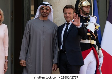 Paris, FRANCE - July 18 2022: The President Emmanuel Macron Welcoming The President Of The United Arab Emirates Mohamed Bin Zayed Al Nahyan At Elysée Palace For Working Lunch.