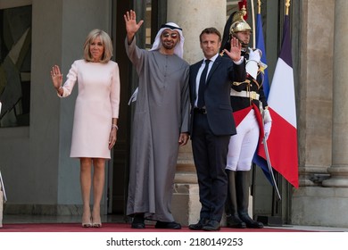 Paris, FRANCE - July 18 2022: The President Emmanuel Macron And His Wife Brigitte Welcoming The President Of The United Arab Emirates Mohamed Bin Zayed Al Nahyan At Elysée Palace For Working Lunch.